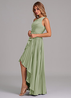 Azazie Lyrica 신부 들러리 드레스 A라인 한쪽 어깨 스트레치 새틴 비대칭 드레스 image5