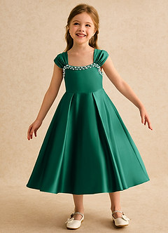 Azazie Yosemite Flower Girl Dresses Emerald Ball-Gown Sweetheart Neckline Matte Satin Dress image3