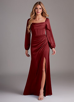 Azazie Charissa Robes de demoiselle d'honneur Robe Fourreau en Satin extensible Manche longue Grenade image1