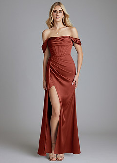 Azazie Amyra Bridesmaid Dresses Terracotta Mermaid Off the Shoulder Stretch Satin Convertible Dress image9