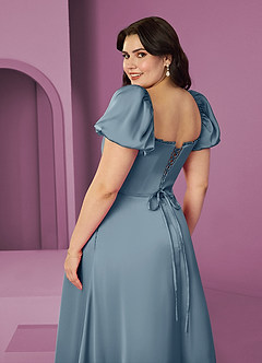Barbie ♥ Azazie Robes de demoiselle d'honneur Robe Trapèze en Satin extensible Rayé Bleu Poussiéreux image8