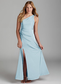 Azazie Maron Junior Sky Blue A-Line Pleated Stretch Satin Dress image1