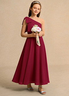 Azazie Guppy Girls Formal Blumenmädchenkleider A-Linie One-Shoulder Chiffon Kleid Burgunderrot image1