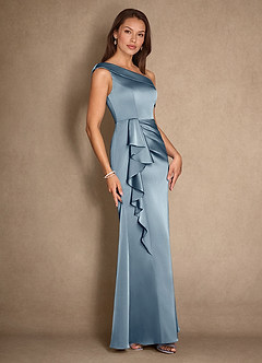 Azazie Hamptons Mother of the Bride Dresses Dusty Blue A-Line Pleated Stretch Satin Dress image3
