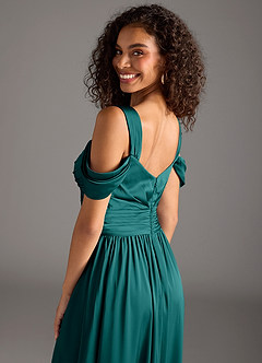 Azazie Lianne Bridesmaid Dresses Peacock A-Line Off the Shoulder Stretch Satin Dress image4