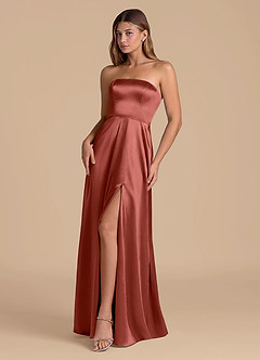 Azazie Wren 신부 들러리 드레스 A라인 스트랩리스 메탈릭 새틴 바닥 길이 드레스 image3