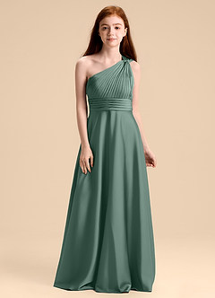 Azazie Charlize Junior Robe Trapèze en Satin extensible Plissée Eucalyptus image1