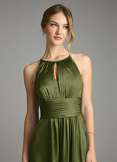 Azazie Bonnie Bridesmaid Dresses Olive A-Line Pleated Stretch Satin Dress image2
