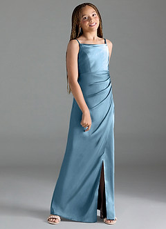 Azazie Leonis Junior Vestido Aço Azul de Cetim elástico de Linha A com Plissado image3