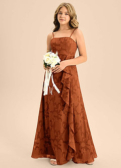 Azazie Kaylee Junior Burnt Orange A-Line with Belt Floral Burnout Dress image6