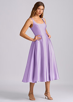 Azazie Amalie 신부 들러리 드레스 A라인 주름진 스트레치 새틴 티 길이 드레스 image4