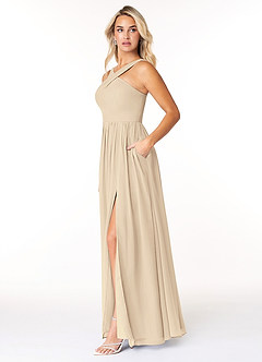 Azazie Elvira At-home Try On Dresses Champagne A-Line Pleated Chiffon Dress image3