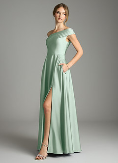 Azazie Melanie 신부 들러리 드레스 A라인 오프 더 숄더 스트레치 새틴 바닥 길이 드레스 image4