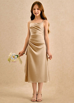 Azazie Canna Girls Formal Blumenmädchenkleider A-Linie Plissee Stretch-Satin Kleid Gold image5