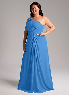Azazie Brooke Bridesmaid Dresses Blue Jay A-Line One Shoulder Chiffon Dress image11