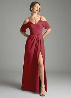 Azazie Dakota Bridesmaid Dresses Pomegranate A-Line V-Neck Pleated Chiffon Dress image1