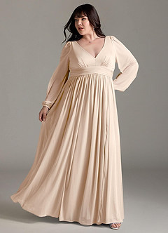 Azazie Norah Brautjungfernkleider A-Linie Lange Ärmel mit V-Ausschnitt Chiffon Kleid Alabaster Weiß image8