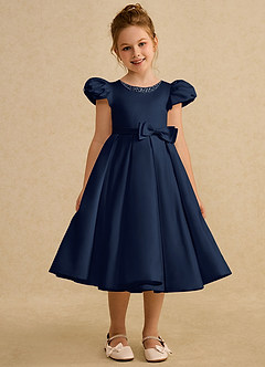 Azazie Pearl Flower Girl Dresses Dark Navy Ball-Gown Pleated Matte Satin Dress image5