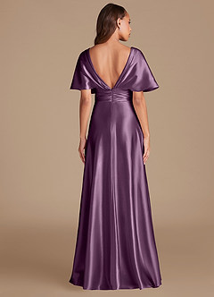 Azazie Pamela Bridesmaid Dresses Plum A-Line Pleated Metallic Satin Dress image2