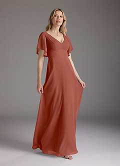 Azazie Alessa At-home Try On Dresses Auburn A-Line V-Neck Pleated Chiffon Dress image4