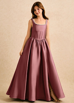 Azazie Enid Girls Formal Blomsterpigekjoler A-Line Perlebesat Stræk satin Gulv-længde Kjole image1