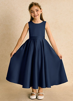 Azazie Junebuj Flower Girl Dresses Dark Navy Ball-Gown Pleated Matte Satin Dress image4