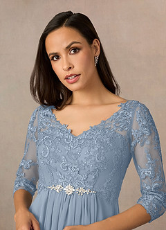 Azazie Hayek Mother of the Bride Dresses Dusty Blue A-Line V-Neck Lace Chiffon Dress image3