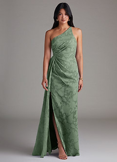 Azazie Mika Robes de demoiselle d'honneur Robe Fourreau en Blumen-Burnout Ue épaule Matcha image1