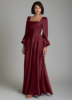 Azazie Solana Bridesmaid Dresses Cabernet A-Line Long Sleeve Stretch Satin Dress image6