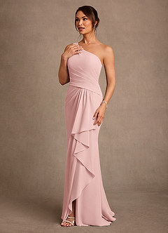 Azazie Floy Mother of the Bride Dresses Powder Pink Sheath One Shoulder Chiffon Dress image2