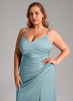 Azazie Azuree Bridesmaid Dresses Moody Blue A-Line Pleated Stretch Satin Dress image14