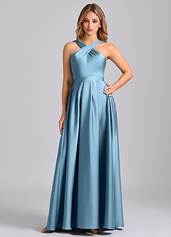 Azazie Dixie Bridesmaid Dresses Steel Blue A-Line Pleated Stretch Satin Dress image1