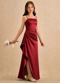 Azazie Cannoli Girls Formal Blumenmädchenkleider A-Linie Plissee Stretch-Satin Kleid Scharlachrot image1
