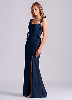 Azazie Jessamine Brudtärnklänningar Klä av Sjöjungfru i Blommig Utbrändhet Korsett Mörk Marinblå image4