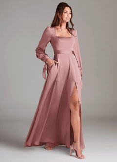 Azazie Leonia Bridesmaid Dresses Dusty Rose A-Line Long Sleeve Stretch Satin Dress image3