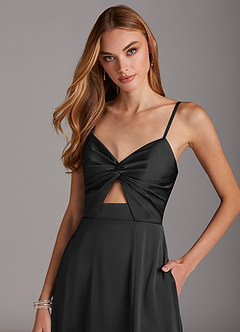 Azazie Jenna Bridesmaid Dresses Black A-Line Pleated Stretch Satin Dress image5