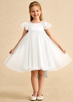 Azazie Munchkin Abiti da Ragazza di Fiori Abito A-Line in Tulle Fiocco Avorio Blu Polvere image2