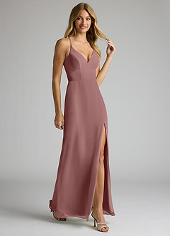 Azazie Becca Bridesmaid Dresses Desert Rose Sheath V-Neck Chiffon Dress image2