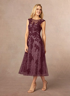 Azazie Flynn Kleider für die Brautmutter A-Linie Bootshals Spitze Tüll Kleid Cabernetrot image2