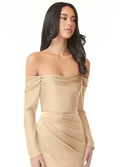 Azazie Hallie Bridesmaid Dresses Champagne Sheath Off-The-Shoulder Long Sleeve Stretch Satin Convertible Dress image1