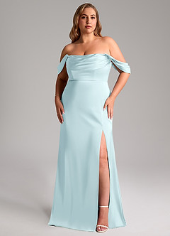Azazie Saige Bridesmaid Dresses Cloud Blue Sheath Off the Shoulder Stretch Satin Dress image11