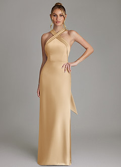 Azazie June Bridesmaid Dresses Gold Sheath Stretch Satin Dress image1