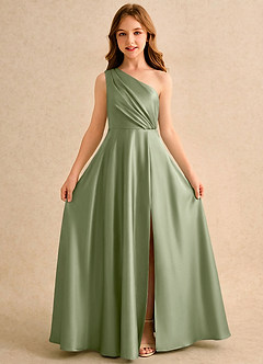 Azazie Puddles Girls Formal Flower Girl Dresses Pistachio A-Line One Shoulder Stretch Satin Dress image5
