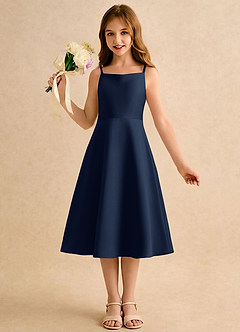 Azazie Jaella Girls Formal Flower Girl Dresses Dark Navy A-Line Pleated Matte Satin Dress image4