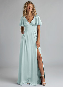 Azazie Kimber Bridesmaid Dresses Mist A-Line Ruched Stretch Satin Dress image7