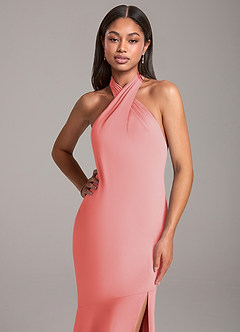 Azazie Lorena Bridesmaid Dresses Coral Mermaid Pleated Chiffon Dress image2