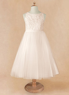 Azazie Calla Robe Demoiselle D'honneur Fillette Robe Princesse en Tulle Dentelle Albâtre Blanc image7