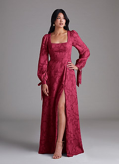 Azazie Leonia Bridesmaid Dresses Burgundy A-Line Long Sleeve Floral Burnout Dress image1