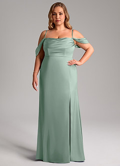 Azazie Saige Bridesmaid Dresses Agave Sheath Off the Shoulder Stretch Satin Dress image15