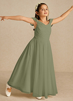 Azazie Chelle Robe Demoiselle D'honneur Fillette Robe Trapèze en Mousseline de soie Plissée Pistache image3